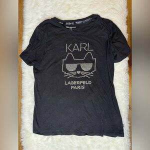 Karl Lagerfeld Black T-Shirt size M with Studded Cat Design
